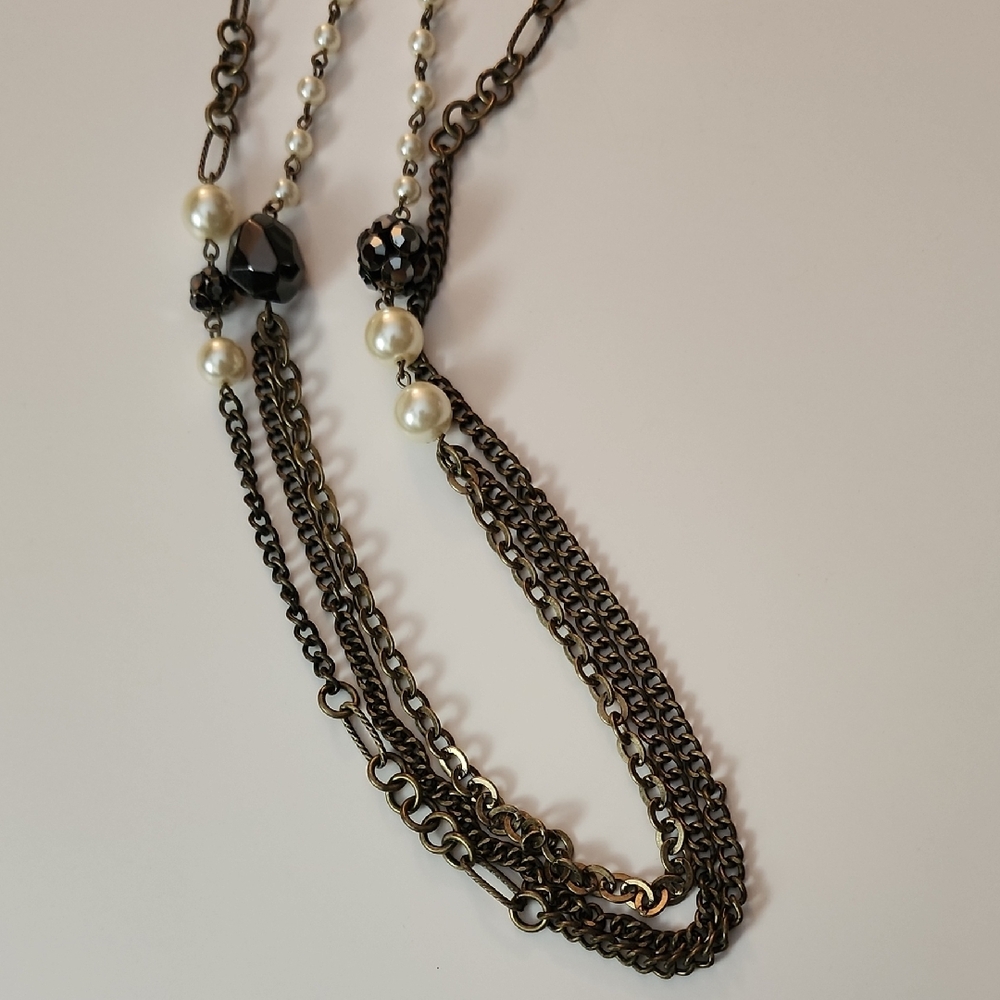 Classique Elegant Antique Gold Chain Necklace with Glass Pearls 43-46"